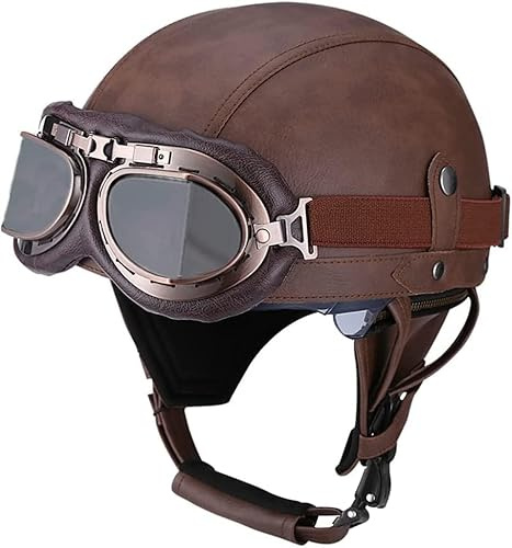 Caschi in pelle,Casco Jet Vintage Omologato ECE/DOT,Mezzo Casco Moto Pelle D'epoca Con Occhiali Da Aviatore,Caschi Scooter Caschi Street Cruiser Da Uomo E Da Donna. (Gelb-Braun,S/55-56cm)