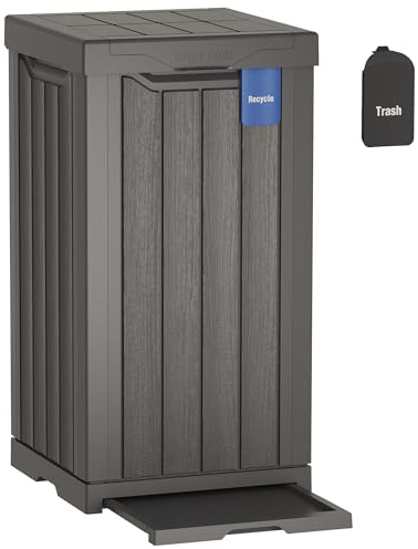 EAST OAK 31 Gallon Outdoor Trash Can | Waterproof Resin Garbage Can with Recycle and Garbage Labels | Secure Bag Lip Lock and Drip Tray | Outside Trash Bin for Patio | Kitchen, Backyard or Deck | Gray