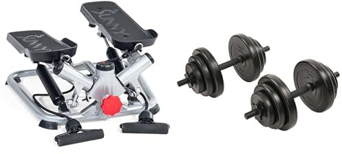 Sunny Health & Fitness Advanced Twist Stepper Machine, Portable Mini Stair Stepper, Resistance Bands + Exercise Vinyl 18 KG Dumbbell Set Hand Weights for Strength Training, Weight Loss, Workout Bench