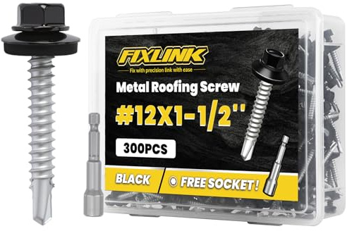 Metal Roofing Screws #12 x 1-1/2, 300 PCS, FIXLINK Baking Paint Hex Head Rubber Washer Sheet Metal Roof Screws Self Drilling Metal to Wood Siding Screws, Hex Socket Included, Black