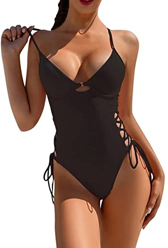 Spaghetti Badeanzug Damen Bauchweg Cut Out mit Hoher Beinausschnitt,Sexy String Badeanzüge für Damen Push Up Tiefer V Ausschnitt,Rückenfreie Bademode Damen High Waist Monokini Swimming Schwarz