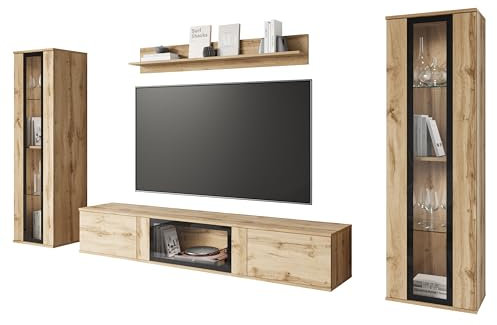 CARO Wohnzimmermöbel Set TV Möbel Optionale LED Illusion Hängemöbel (Wotan)