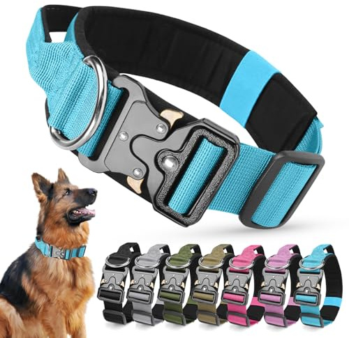 Ledeak taktisk hundkrage, vadderad justerbar polypropylen mjuka hundhalsband, slitstark andningsbar stark träning hundhalsband med handtag och kraftigt metallspänne (blå, XL)
