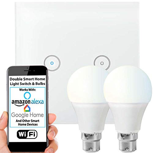 SMART HOME WiFi Light Switch & Bulb Kit | 2x 10W LED B22 Bayonet Cool White Lamp & Double Wireless Wall Outlet Face Plate & Remote Control Timer | White Gloss Glass Touch | Echo Alexa Voice Control