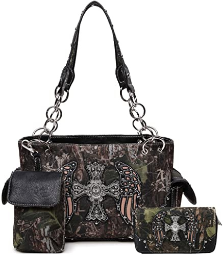 Camouflage Cross Wings Western Style Studded Handbag Tooled Leather Purse Country Women Shoulder Bag Pouch Wallet Set