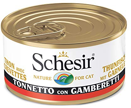 Schesir, Nassfutter für ausgewachsene Katzen, Bakorette-Geschmack mit Garnelen auf Filets und Weichgelatine, insgesamt 2 kg (24 Dosen x 85 g)