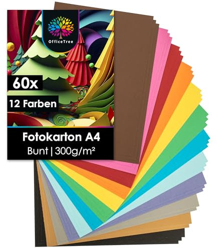 OfficeTree 60 x Bastelkarton A4 300g - 12 Farben - Tonkarton A4 Bunt - Pappkarton - Pappe zum Basteln - Fotokarton A4 300g