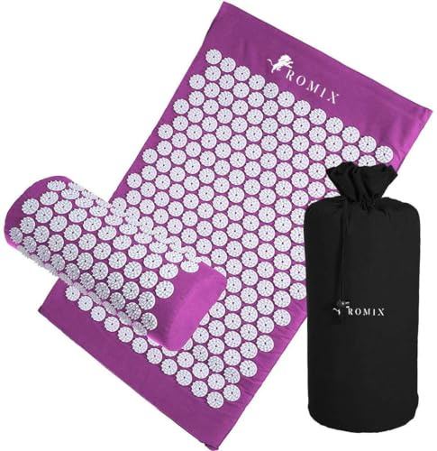 ROMIX Acupressure Mat and Pillow Set, Acupuncture Mat for Back Pain, Neck, Shoulder Pain Relief, Stress Reduction, Wellness Therapy, Cushioned Acupressure Mats with Carry Bag for Men and Women (Purple)