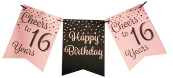 PD-Party - guirnalda de cumpleaños - cadena de banderines - decoración de cumpleaños - cartel de feliz cumpleaños - 16 cumpleaños niño y niña - rosa negro - longitud de la guirnalda 6 metros