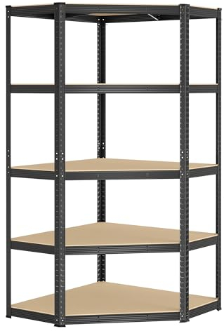 SONGMICS Eckregal 5 Ebenen, Schwerlastregal, Metall, Lagerregal für Garage, Abstellraum, Kellerregal, bis 875 kg belastbar, tintenschwarz-naturbeige GLR080B01