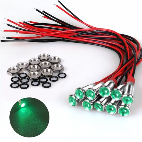 DMWD 10Pcs 6mm (1/4) Energy Saving LED Indicator Light 12V-24V 20mA Metal Waterproof Wide Flat Head Signal Lamp Pilot Dash Directional with Wire （Green LED 10Pcs）