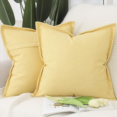 Madizz 2er Set Imitationsleinen Kissenbezügen mit breiter Kante Weiche dekorative Kissenbezüge für Sofa Schlafzimmer Kissenhülle Gelb 45x45 cm Quadrat