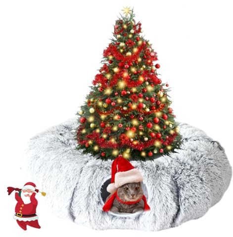 Cat Christmas Tree Skirt, Plush Cat Tunnel Bed with Toy Ball (Gray)