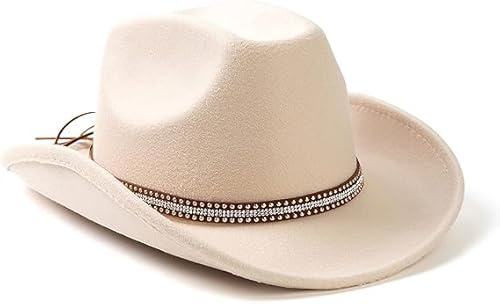 Yuedefly Fashion Wide Brim Teardrop Crown Felt Western Cowboy Cowgirl Hat for Women Men,Western Cowboy Outdoor Fedora Hats with Silver Studs Leather Hat Band(Beige)