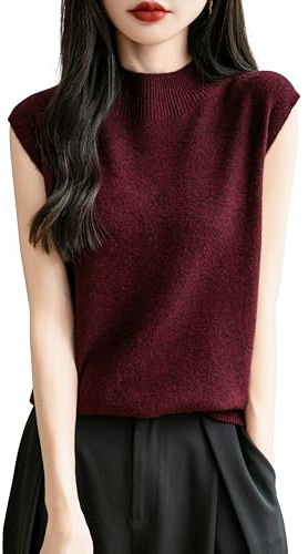 Chanyarn Damen 100% Merinowolle Pullover Frühling Herbst Winter First-Line Ready to Wear Rollkragen Nahtlos Strick Ärmellos Pullunder (Dunkelrot,L)
