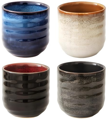 yeeplant Tazas de té de cerámica hechas a mano, 4 tazas de cerámica esmaltada estilo japonés, 7 onzas para té, café, matcha