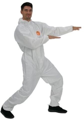 ZVG zetDress® – Overall secutex® pro 5/6, weiß, Partikel- und begrenzt spritzdichte Chemikalienschutz, III/CE 0624/Typ 5B + 6B Schutzanzug, M, L, XXL, XXXL, Einwegoverall, Anzug, Kaputze (L)
