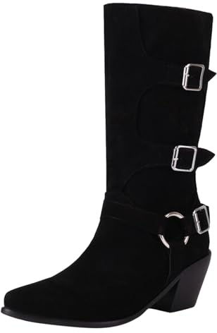 Generisch Stivali invernali da donna a mezza altezza, eleganti stivali in pizzo, scarpe invernali Slouch, stivaletti casual invernali, stivali occidentali, stivali corti da mezza stagione, Nero , 37
