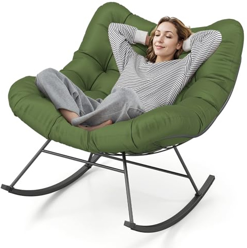 COSTWAY Fauteuil a Bascule d'Intérieur et d'Extérieur, Chaise Papasan Surdimensionnée avec Coussin Rembourré, Cadre en Métal, Fauteuil Œuf pour Salon, Patio, Capacité 205 kg (Vert)