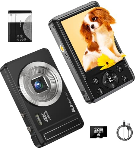 Appareil photo numérique 64 MP 4K, appareil photo compact avec carte SD de 32 Go, mise au point automatique, zoom numérique 16x et batterie rechargeable