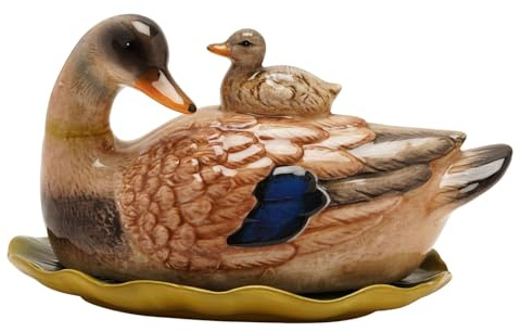 Hestia - Mantequera de cerámica 3D con diseño de pato y patito esmaltado, diseño de almohadilla de lirio