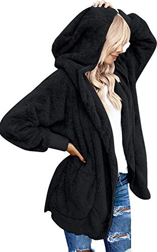LookbookStore Womens Cardigan 2026 Winter Oversized Open Front Fleece Hooded Draped Pockets Jacket Coats Black Small