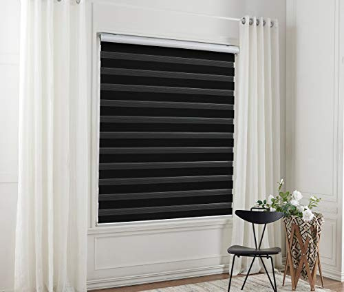 Taiyuhomes Day and Night Zebra Roller Blind Gradient Double Fabric Translucent or Blackout Vision Curtains for Window and Door with Aluminium Cassette (Pure black, Width 110cm X Height 150cm)