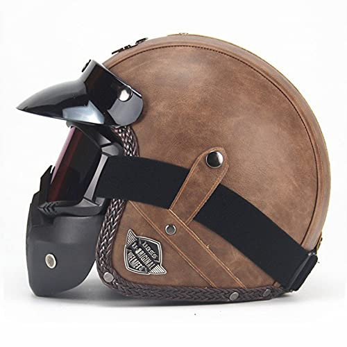 BCCDP Cuir Casque Moto Jet Vintage Retro avec Lunettes et Masque, Unisexe 3/4 Moto Chopper Scooter Modulable Casque De Vélo, ECE Homologué en pour Casque De Moto Homme Et Femme - M~XXL