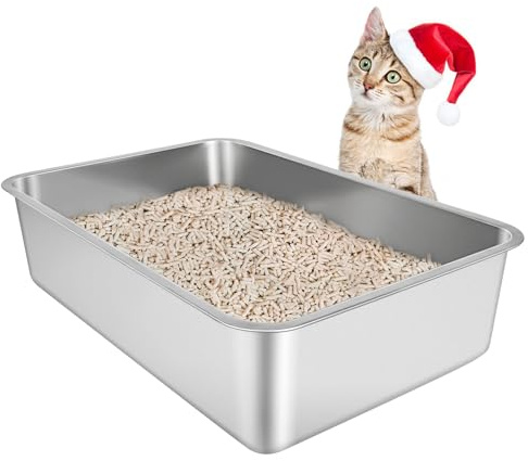 Caja de Arena para Gatos de Acero Inoxidable, Caja de Arena metálica para Gatos y Conejos, arenero Gatos Grande, no Absorbe olores, Superficie Lisa, Fondo de Goma Antideslizante, 19.5L x 13.5W x 6H