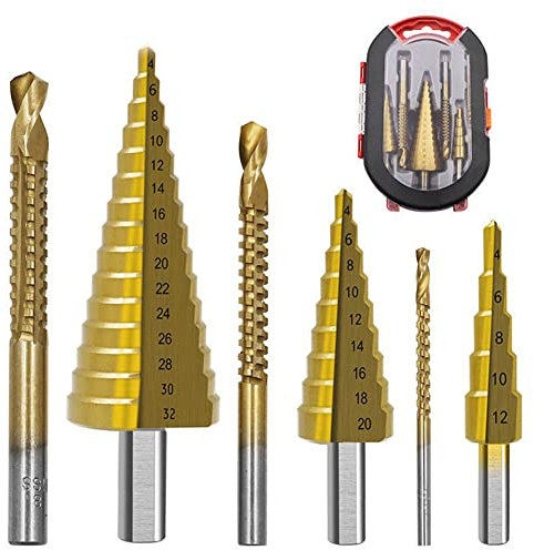 6-teiliges Stufenbohrer-Set, HSS-Hochgeschwindigkeitsstahl für Edelstahl, Metall, Holz, Kunststoff, Bohrungen 4–32 mm, 4–20 mm, 4–12 mm, 6 mm, 8 mm, 3 mm, mit Etui für Holzbearbeitung, DIY-Liebhaber