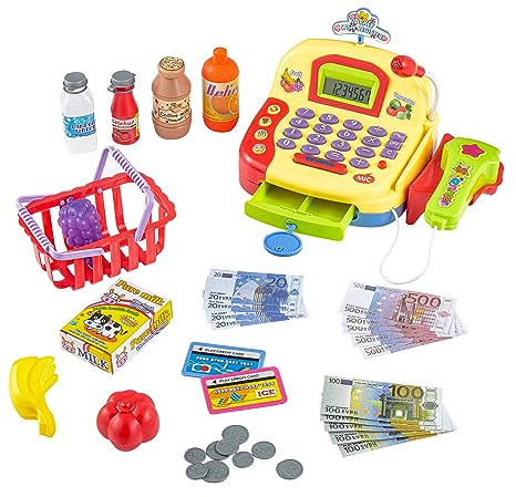 Baroni Toys Registratore di Cassa Giocattolo con Scanner e Calcolatrice, 35 Pezzi Giocattolo Simulatore Giocattolo Negozio con Microfono Funzionante, per bambini sopra ai 3 anni, 26x15x11 cm