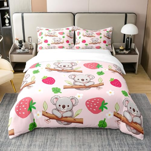 Kawaii Koala 100% Bio-Baumwolle Bettbezug für Kinder,Cartoon Erdbeer Daisy Tröster Bezug 200x200,Woodland Faul Bettwäsche Set,Rustikale Farm Tier Bettwäsche Abdeckung