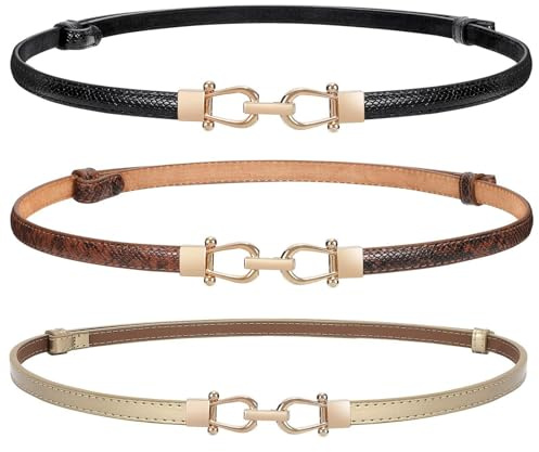 WERFORU 3-pack dam mager bälte för klänning, tunt midjebälte justerbart läderbälte med gyllene spänne, Svart + brun+guld, Anzug für Taillengröße unter 94cm