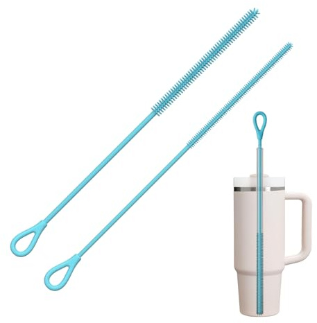 YOTIME Silicone Straw Cleaner Brush, 2Pcs Reusable Straw Brush Extra Long for Cleaning Tumbler with Handle and Glass Metal Smoothie Straws, Non-slip Handle Soft and Bendable, 6mm+9mm, Blue