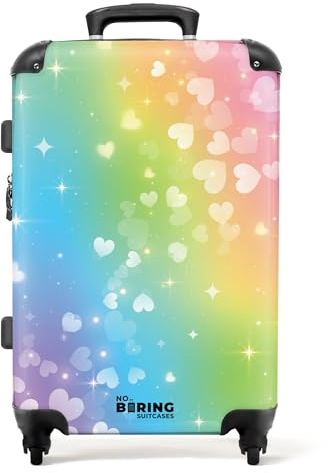 NoBoringSuitcases© Kinderkoffer, Kinderkoffer Mädchen, Koffer Groß, | 72 L - Reisekoffer Mit Rollen Groß, Koffer Mädchen Reisekoffer Groß, Koffer Mittelgroß (Schwebende Herzchen - Regenbogen, 67