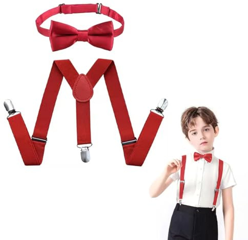 DLPRK Correas ajustables para niños, Correas para juego de pajarita roja, Ropa de rendimiento a juego, Correas en forma de Y con nudo, Juegos de pajarita y correas ajustables para niños y niñas