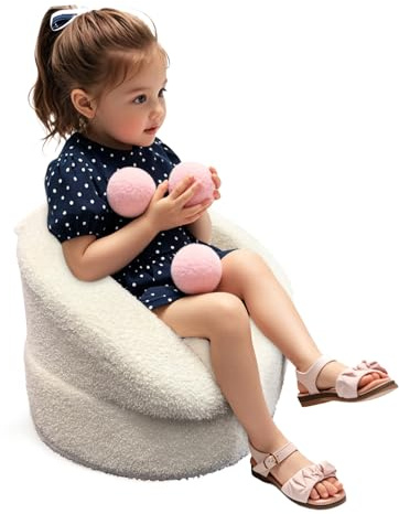 Hrebr Mini Toddler Chair Comfy 1-2 Years Old - 17.3'' Compact Kids Couch with Carry Handle, Soft Teddy Plush Baby Chair, Washable Cover & Sturdy Design for Nursery & Playroom - White