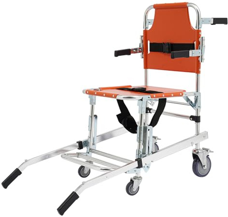 Klappbarer Treppenstuhl, 350 LBS Tragfähigkeit Manueller Lift Treppenstuhl Faltender Evakuierungsstuhl Treppensteiger Rollstuhl Tragbarer Treppenlift mit Fußstütze für Brandeinsätzen (Orange)