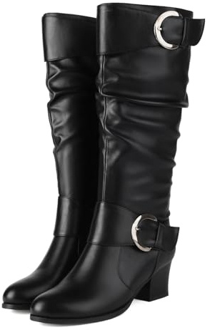 Voviggiw Damen Weiter Schaft Knielange Schlaffer Schaft Stiefel Runde Spitze Schnallenriemen Reitstiefel Block Mittelhoher Absatz Knielange Stiefel Seitenreißverschluss Schwarz Größenangabe 44