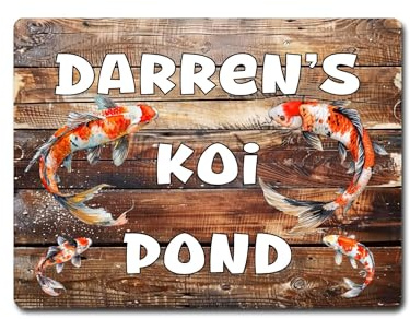 Decalarama Personalised Garden Metal Sign Gift – Any Name Koi Pond - Family Fun Fish Home Novelty Aluminium Present