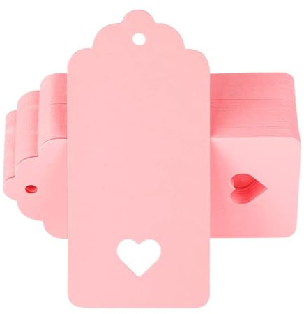 ACOLY 100 st rosa presentetiketter i kraftpapper, 9x4 cm ihåliga kärlekshjärtade tomma pappersetiketter, presentetiketter för bröllopsgåvor, presenter, bagage och gör-det-själv-pyssel