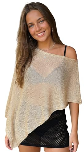 Edhomenn Womens Sheer Poncho Crochet Cover Ups Hollow Out Beach Pullovers | Lightweight Loose Vacation Clothes See Through Asymmetrical Summer Poncho