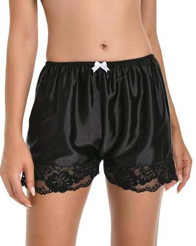 Satini Women's Lingerie Lace Briefs Panties French Knickers Satin Shorts (Black, M)