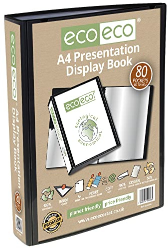 eco-eco A4 storlek 50% återvunnen 80 fickor svart presentationsbok, förvaringsfodral, portfölj, konstmapp med plasthylsor