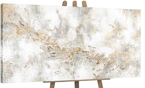 YS-Art Luxus Abstrakt Acryl Gemälde auf Leinwand Geschichte handgemalt Wandbilder Wohnzimmer modern Wohndekor Bilder Büro Gold Grau Beige echte Kunst 120x60 cm