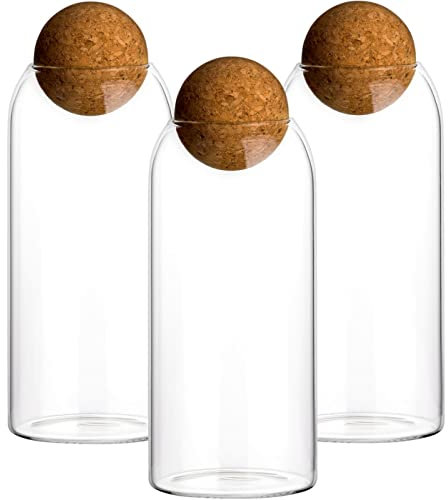 gouveo Set de 3 bocaux à provisions 900 ml avec bouchon boule - boîtes à provisions en verre borosilicaté avec bouchon en liège - récipients en verre pour la conservation
