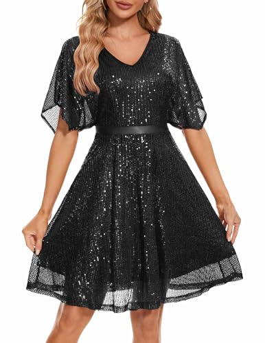 Wedtrend Pailletten Kleid Damen Cocktailkleid Damen Knielang Sexy Sommerkleid WTS6003 Black M