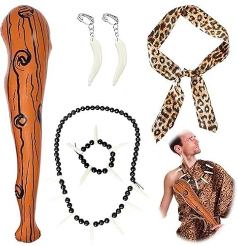 VIDSTW 5 Accessori da Costume Cavernicola Bambini Adulti, Gonfiabile Clava per Capelli Leopardata Fascia Collana Avorio orecchini Braccialetto Fascia di Compleanno Festa per Adulti Bambini
