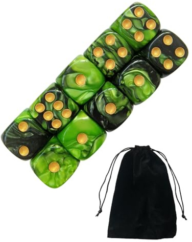 JUKOTA 10 PCS Dés,16mm D6 Dé en Acrylique,Dés Vert-Noir avec Sac en Tissu,pour Jeux de société,Rôle,Table,Cours de Mathématiques