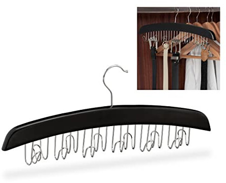 Relaxdays Gürtelhalter Kleiderschrank, Haken für 12 Gürtel, 360° drehbarer Haken, Holz, 17,5x43x5,5 cm, schwarz/Silber